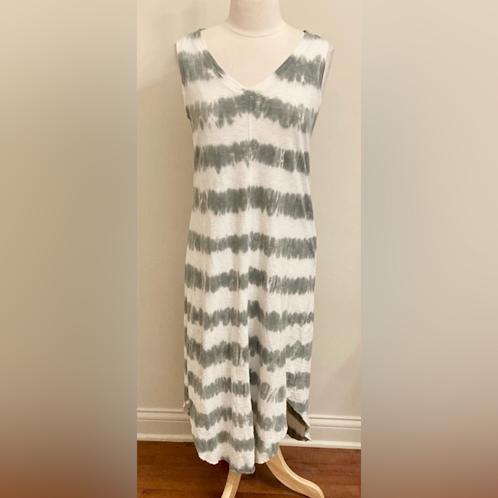 Gap Green White Tie Dye Striped SZ M Coastal Hippie Boho Chic Earthy Tank Dress
